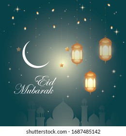 Eid Mubarak greeting Card Illustration, vector wishing for  festival with Islamic background,