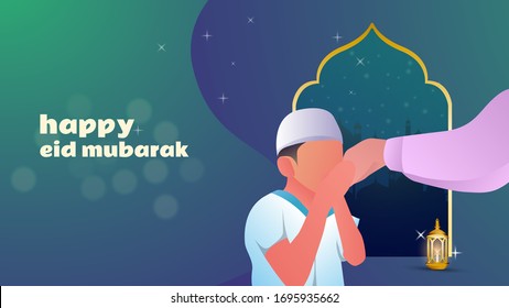 Eid Mubarak greeting Card Illustration, ramadan kareem banner,  background with Little muslim boy with traditional dress kissing parents hand