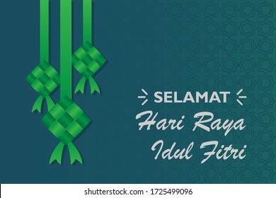 Eid Mubarak greeting Card Illustration, ramadan kareem cartoon vector Wishing for Islamic festival for banner, poster, background, flyer, Ketupat, illustration, brochure and sale background