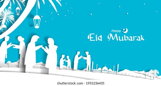 Tarjeta de saludo Eid Mubarak Ilustración, vectores de caricatura ramadan kareem Deseando para el festival islámico para banner, afiche, fondo, volante, ilustración, folleto y fondo de venta