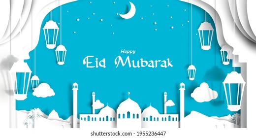 Eid Mubarak greeting Card Illustration, Ramadan kareem cartoon vector Wishing for Islamic festival for banner with beautiful mosque in middle east and lantern paper style