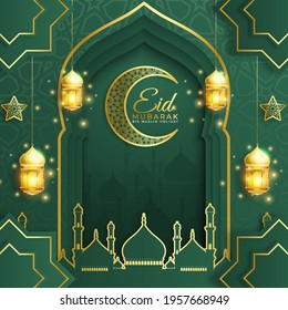 Eid Mubarak greeting Card Illustration, ramadan kareem cartoon vector Wishing for Islamic festival for banner, poster, background, flyer,illustration, brochure and sale background. Paper style. 