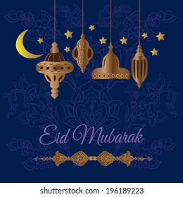 Eid Mubarak greeting card. illustration with ornamental lanterns.