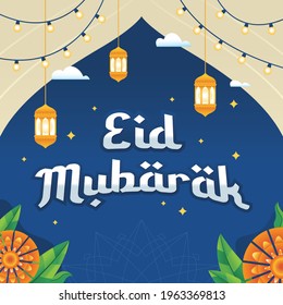 Eid Mubarak greeting Card Illustration. Vector illustration of fasting month Ramadan. Eid Mubarak Islamic holiday greeting phrase
