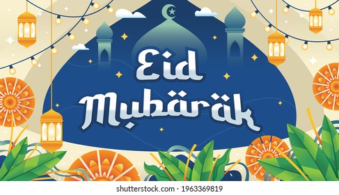Eid Mubarak greeting Card Illustration. Vector illustration of fasting month Ramadan. Eid Mubarak Islamic holiday greeting phrase