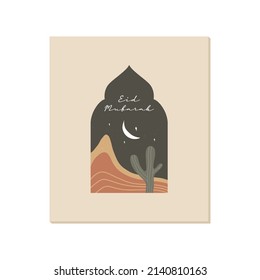 Eid Mubarak greeting card illustration design vector template. Ramadan Kareem modern cards with retro boho style design, islamic frame, crescent, mosque, moon and desert.