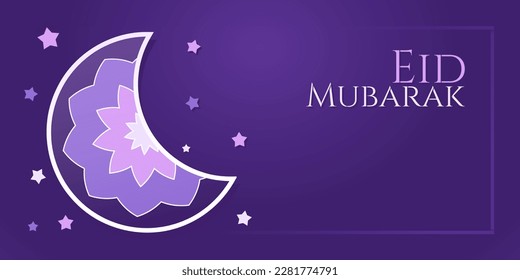 Eid Mubarak, ilustración de Eid Greeting Card en morado con luna y estrellas. Elegante y sencillo diseño de vector plano para tarjetas de felicitación o banner de Eid o Ucapan Selamat Lebaran o Selamat Idul Fitri.