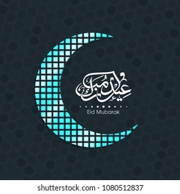 Eid Mubarak greeting card with intricate Arabic calligraphy and moon for the celebration of Muslim community festival.