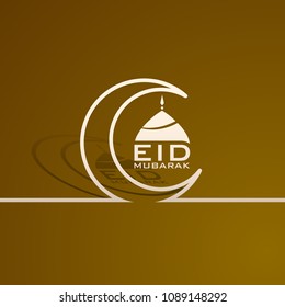 Eid Mubarak greeting card with intricate calligraphy,mosque tomb and artistic moon for the celebration of Muslim community festival.