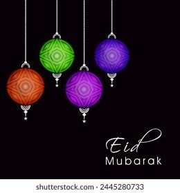 Eid Mubarak Greeting Card or Invitation Card design with colourful hanging lamps, Beautiful festive background for Eid Mubarak, Creative vector illustration for Muslim Community Festival celebration.