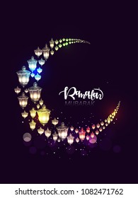 Eid Mubarak greeting card to islamic Ramadan holiday with ornamental moon, lantern and  hand lettering text, 