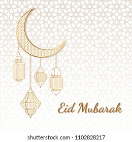 Eid Mubarak greeting card. Eid Mubarak Islamic greeting background with moon and arabic gold lanterns. Ramadan Kareem.
