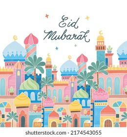 Eid Mubarak greeting card with Islamic Mosque hand drawn watercolor illustration copy