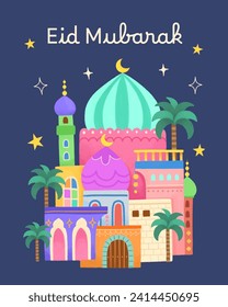 Eid Mubarak greeting card with Islamic Mosque hand drawn illustration