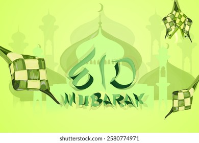 Eid Mubarak greeting card with ketupat decoration and mosque building silhouette background