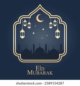 Eid Mubarak Greeting Card with Lanterns and Mosque