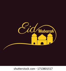 Eid Mubarak greeting card with lettering and mosque minarets and dark brown background
