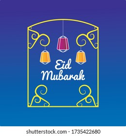 Eid Mubarak greeting card lluminated hanging lanterns and blue background