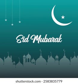 Eid Mubarak Greeting card with moon and star Background Design