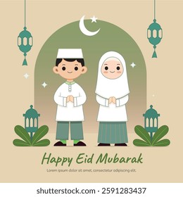 Eid mubarak greeting card with moslem couple characters with arch and lamps as background Selamat hari raya Idul Fitri is another language of happy eid mubarak