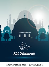 Eid mubarak greeting card with mosque