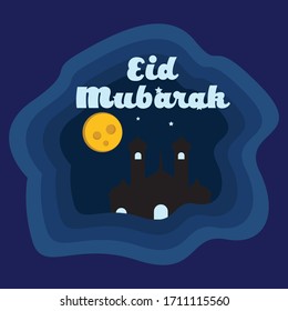 Eid Mubarak greeting card with mosque minarets and moon - Vector Illustration