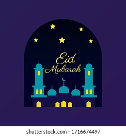 Tarjeta de saludo Eid Mubarak Mubarak con minaretes de mezquita y fondo azul - Ilustración vectorial