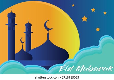 Eid Mubarak greeting card with mosque minarets and blue night background - Vector Illustration