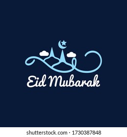 Eid Mubarak greeting card with mosque and blue background - Vector Illustration
