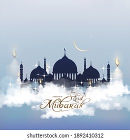 Eid Mubarak greeting card with Mosque silhouette with candle light, stars and crescent. Ramadan or ramazan kareem background with copy space for Eid ul Fitr or ul Adha. Islam, muslim religion concept