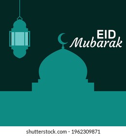 Eid mubarak greeting card with mosque minarets and green background. Vector Illustration