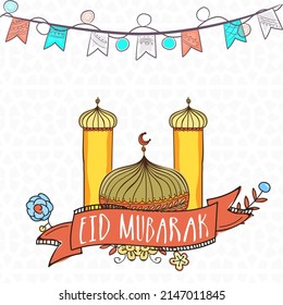 Eid Mubarak Greeting Card With Mosque, Floral And Bunting Flags Decorated On White Islamic Pattern Background.