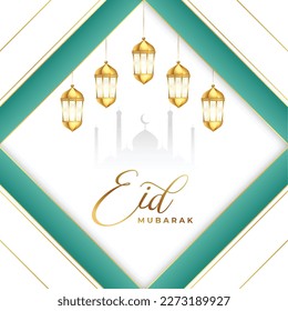 eid mubarak greeting card with mosque and hanging lantern vector 