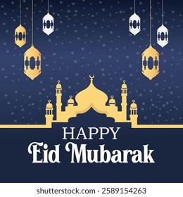 Eid Mubarak Greeting Card with Mosque Silhouette and Lanterns