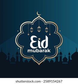 Eid Mubarak Greeting Card with Mosque Silhouette and Crescent Moon