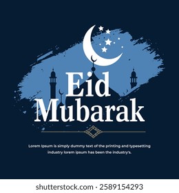 Eid Mubarak Greeting Card with Mosque Silhouette and Crescent Moons