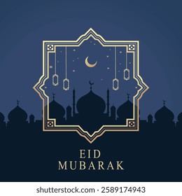 Eid Mubarak Greeting Card with Mosque Silhouette and Crescent Moons