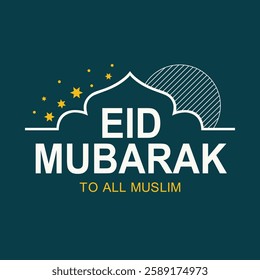 Eid Mubarak Greeting Card with Mosque Silhouette and Stars