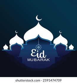 Eid Mubarak Greeting Card with Mosque Silhouette and Crescent Moon
