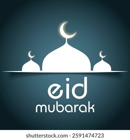 Eid Mubarak Greeting Card with Mosque Silhouette and Crescent Moon
