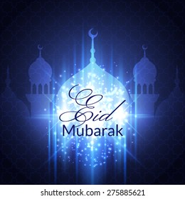 Eid Mubarak Greeting Card with mosque and lights. Vector festive islamic background