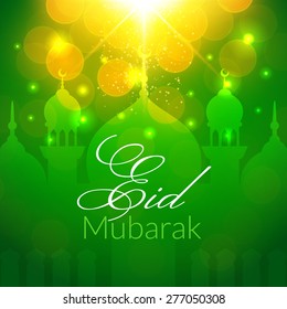 Eid Mubarak Greeting Card with mosque and lights. Vector festive islamic background