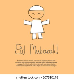 Eid Mubarak Greeting Card with Muslim boy sketch vector. 