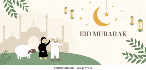 Eid Mubarak greeting card with Muslim family, sacrificial sheep, mosque silhouette, crescent moon, lanterns, stars and festive Islamic background for Eid al-Adha and Eid al-Fitr celebration