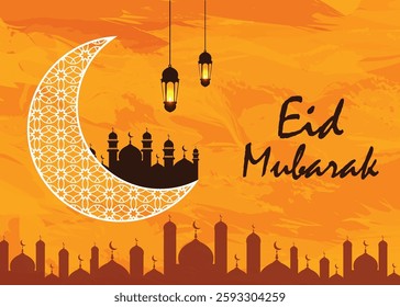 Eid Mubarak Greeting Card with Ornate Orange Background for Eid and Ramadan celebrations, social media posts, greeting cards, invitations, banners, and marketing materials