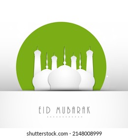 Eid Mubarak Greeting Card With Paper Cut Mosque On Green And White Background.