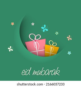 Eid Mubarak Greeting Card With Paper Crescent Moon, Gift Boxes, Stars And Flowers Decorated On Green Background.