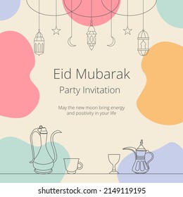 Eid Mubarak Greeting Card Party Invitation. Monoline Vector Illustration on pastel background