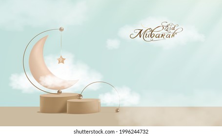 Eid Mubarak greeting card with pink gold crescent and Star hanging podium with fluffy cloud on blue background, Horizontal Islamic Banner for Product Showcase, presentation,Ramadan Kareem