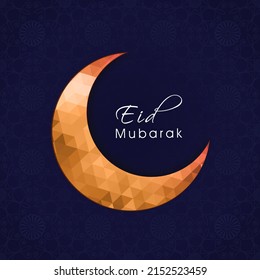 Eid Mubarak Greeting Card With Polygon Crescent Moon On Blue Floral Pattern Background.